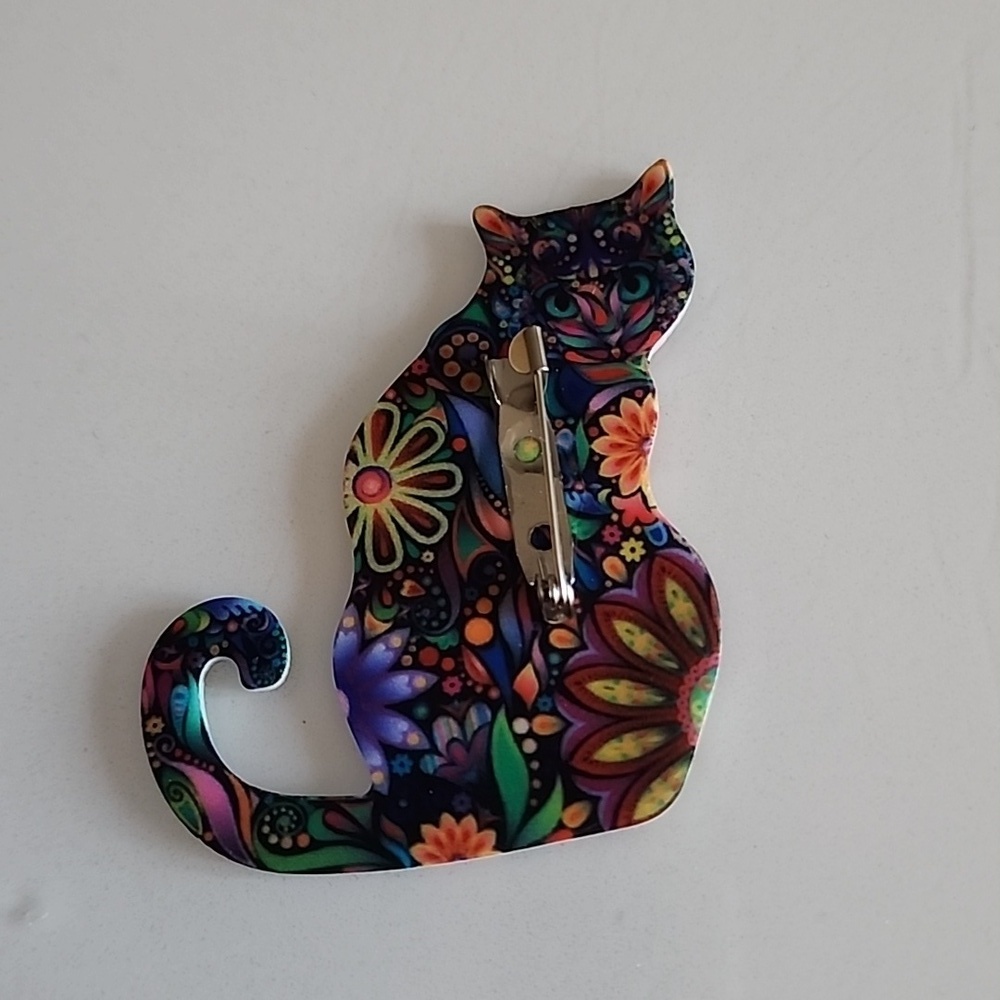 BOHEMIAN Pattern Acrylic Cat Brooch BRG - Picture 2 of 4